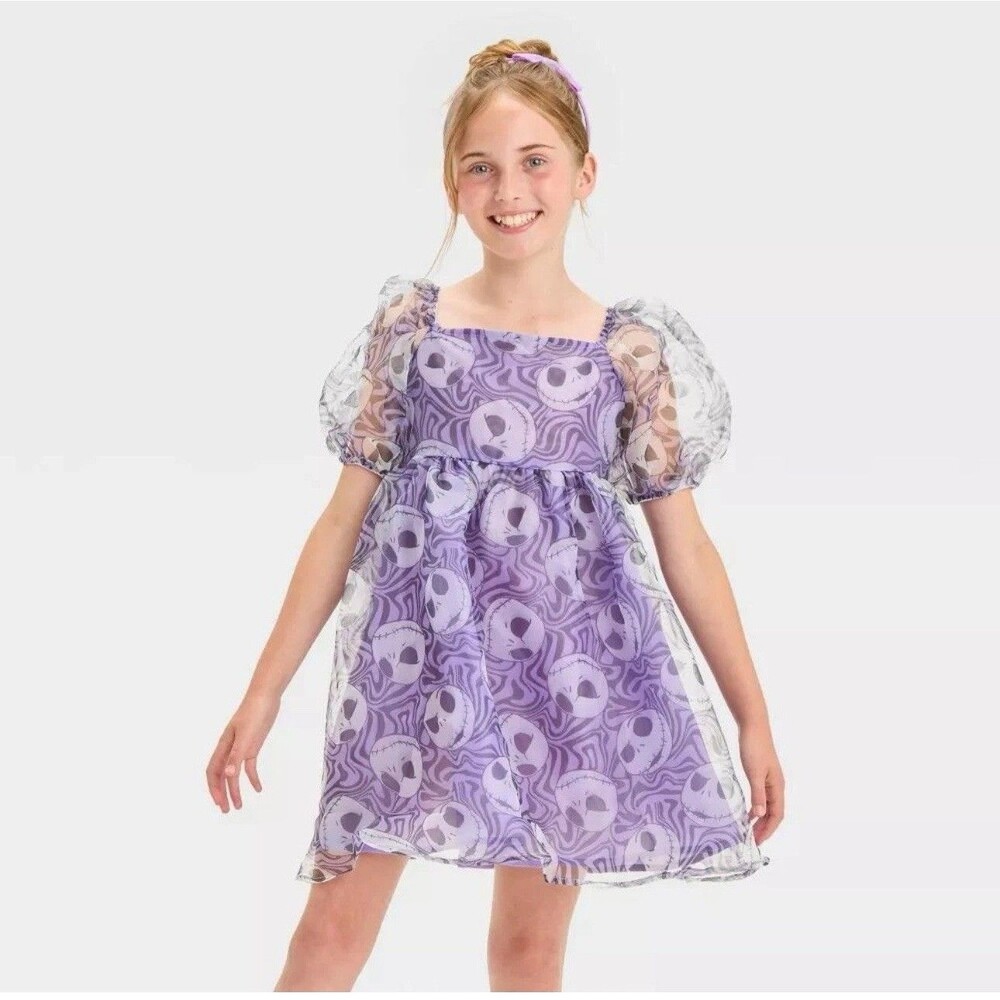 Girls' Jack Skellington Halloween Short Puff Sleeve Dress - Purple Medium